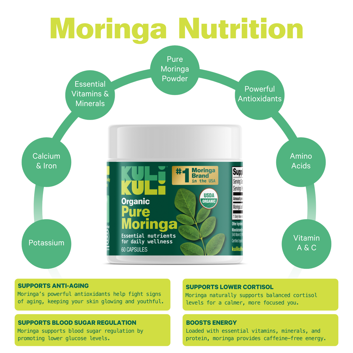 Organic Pure Moringa Powder Capsules (60-Count)