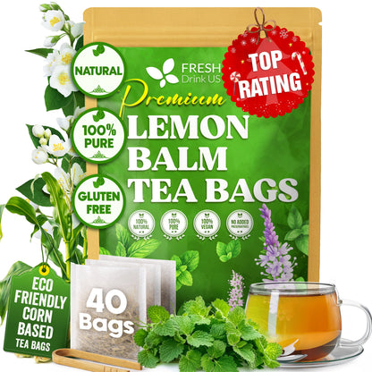 Premium Lemon Balm Leaf Tea Bags, 100% Natural & Pure from Lemon Balm Leaves. Loose Leaf Lemon Balm Herbal Tea. Lemon Balm Leaf Tea. No Sugar, No Caffeine, No Gluten, Vegan.