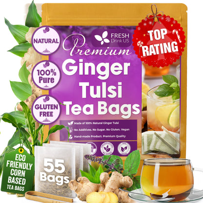 Premium Ginger Tulsi Tea Bags | Hand-made Blend of Ginger and Tulsi Holy Basil Leaves
