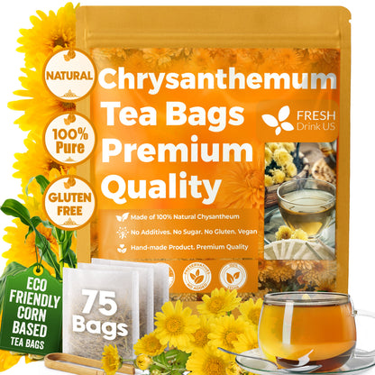 Premium Chrysanthemum Flower Tea Bags. Chrysanthemum Flower Herbal Tea. No Sugar, No Caffeine, No Gluten, Vegan.