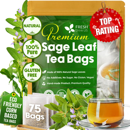 Sage Leaf Tea Bags, 100% Natural & Pure from Sage Leaves. Loose Leaf Sage Herbal Tea. Sage Leaf Tea. Made with Natural Material Tea Bags. No Sugar, No Caffeine, No Gluten, Vegan.