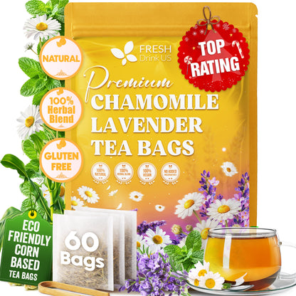 Premium Chamomile Lavender Tea Bags, Eco-conscious Tea Bags. No Sugar, No Caffeine, No Gluten, Vegan.